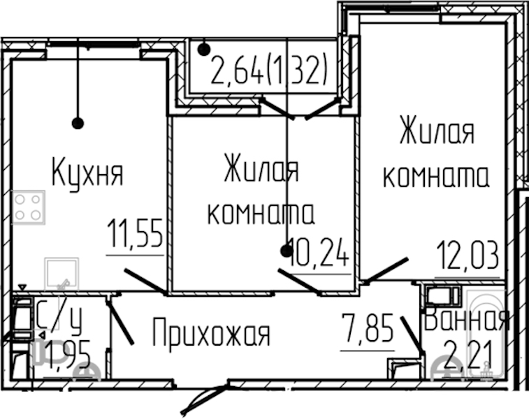 2-комнатная квартира 47.14 м², 8/8 эт., ЖК «SERTOLOVO PARK»